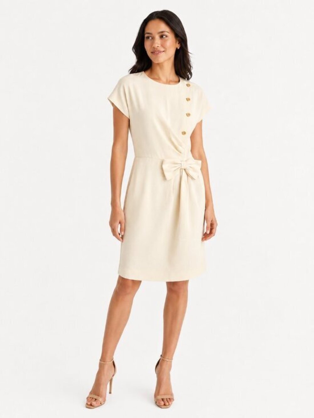 Ann Taylor Vintage Ivory Bow Sheath Dress Gold Button Knee Length Minimal Classy